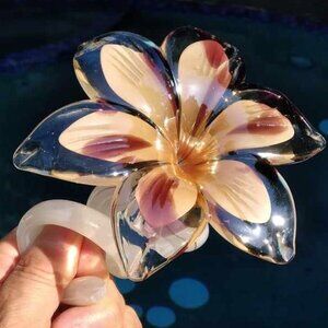 Lovely Six Petal Art Glass Hand Blown Iridescent Flower with Curled White Stem